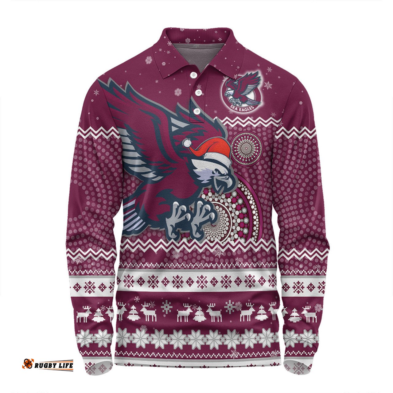 Manly Warringah Sea Eagles Christmas Custom Long Sleeve Polo Shirt - Ugly Xmas And Aboriginal Patterns For Die Hard Fan Long Sleeve Polo Shirt