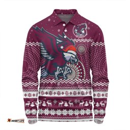 Manly Warringah Sea Eagles Christmas Custom Long Sleeve Polo Shirt - Ugly Xmas And Aboriginal Patterns For Die Hard Fan Long Sleeve Polo Shirt