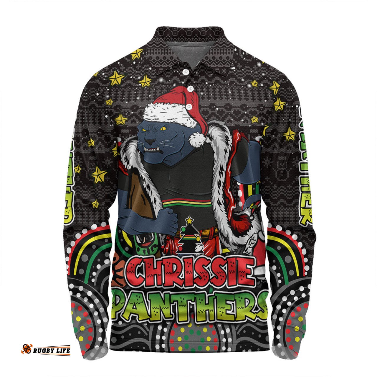 Penrith Panthers Christmas Custom Long Sleeve Polo Shirt - Christmas Knit Patterns Vintage Jersey Ugly Long Sleeve Polo Shirt
