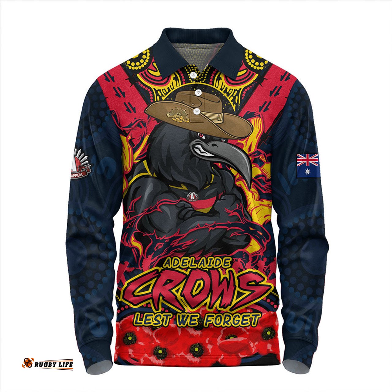 Amazing Aussie Adelaide Crows Ripped Legacy Of The Game The ANZAC Spirit Lives On Long Sleeve Polo Shirt