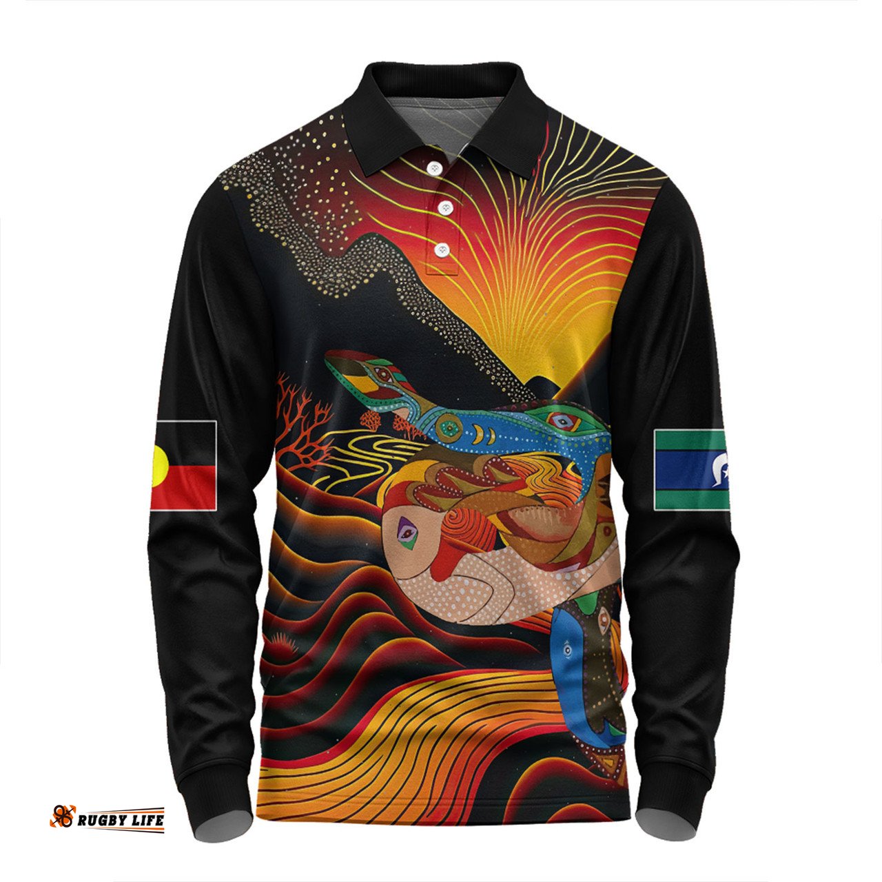 Amazing Aussie Australia Aboriginal Custom Rainbow Serpent In Aboriginal Dreaming Art Inspired Long Sleeve Polo Shirt