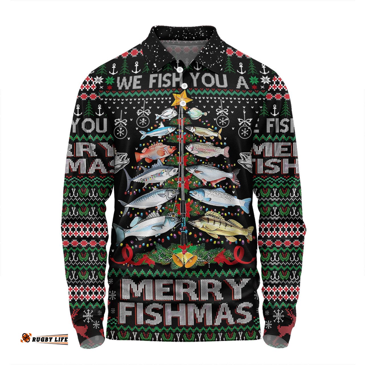 Amazing Aussie Australia Christmas Fishing Merrry Fishmas Fishing Rod Christmas Tree Long Sleeve Polo Shirt