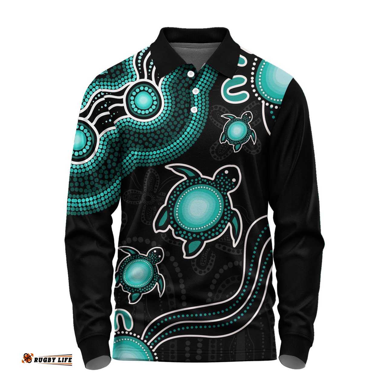Amazing Aussie Australia Aboriginal Turtle Dreaming Journey Featuring Dot Art Turquoise Long Sleeve Polo Shirt