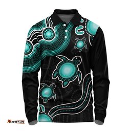 Amazing Aussie Australia Aboriginal Turtle Dreaming Journey Featuring Dot Art Turquoise Long Sleeve Polo Shirt