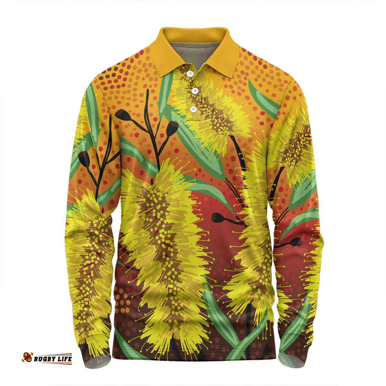 Amazing Aussie Australia Aboriginal Aboriginal Art Of Yellow Bottle Brush Plant Long Sleeve Polo Shirt