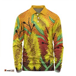Amazing Aussie Australia Aboriginal Aboriginal Art Of Yellow Bottle Brush Plant Long Sleeve Polo Shirt