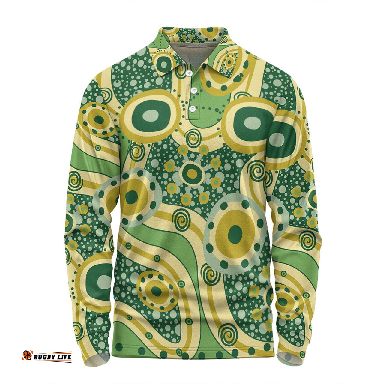 Amazing Aussie Australia Aboriginal Yellow Aboriginal Dot Art Inspired Long Sleeve Polo Shirt
