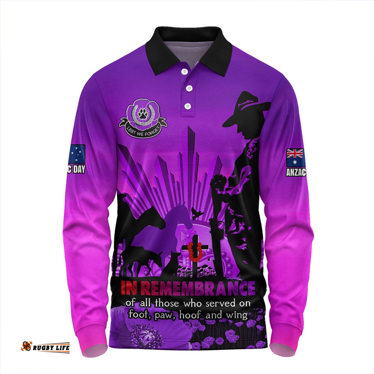 Amazing Aussie Australia Anzac Day Animal Companions Forever Remembered Long Sleeve Polo Shirt