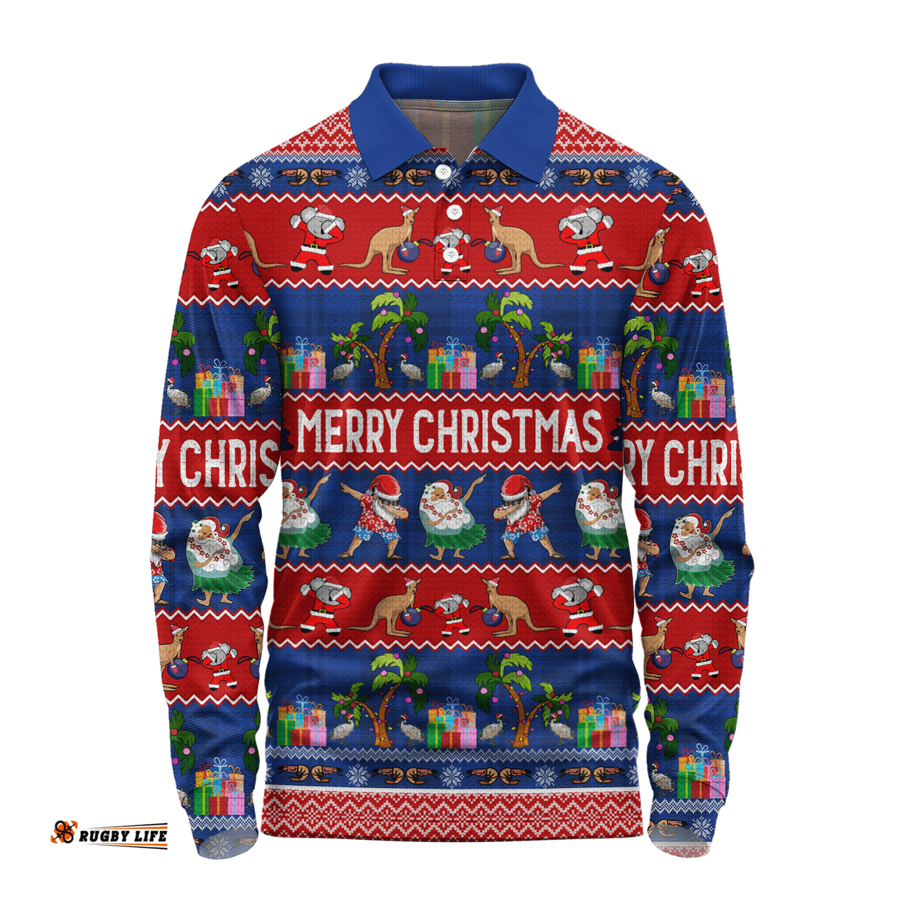 Amazing Aussie Australia Christmas Custom Tropical Ugly Xmas Santa Dapping And Dancing Long Sleeve Polo Shirt