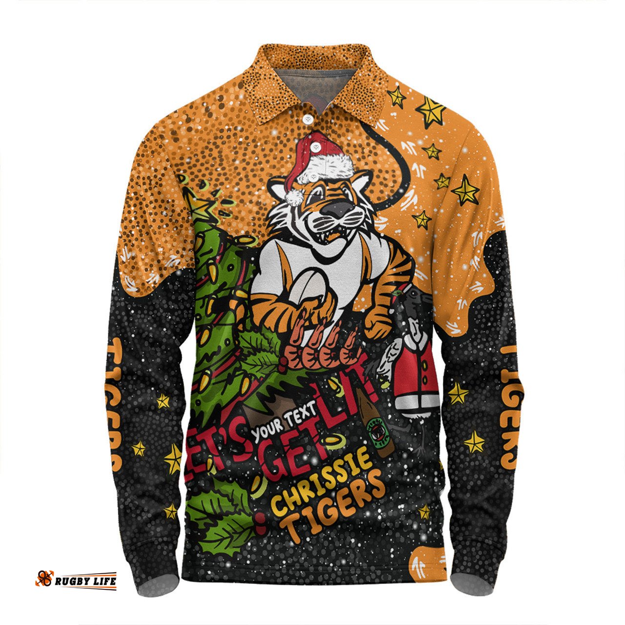 Wests Tigers Christmas Custom Long Sleeve Polo Shirt - Let's Get Lit Chrisse Pressie Long Sleeve Polo Shirt