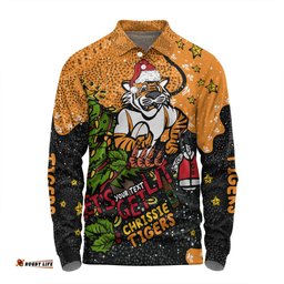 Wests Tigers Christmas Custom Long Sleeve Polo Shirt - Let's Get Lit Chrisse Pressie Long Sleeve Polo Shirt