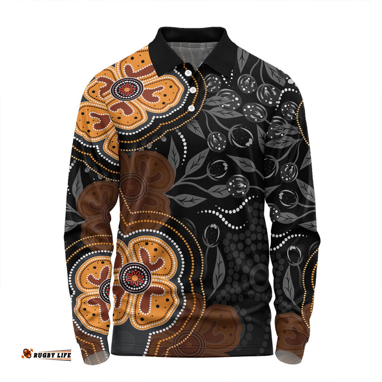 Amazing Aussie Australia Aboriginal Aboriginal Dot Art With Bush Flowers Long Sleeve Polo Shirt