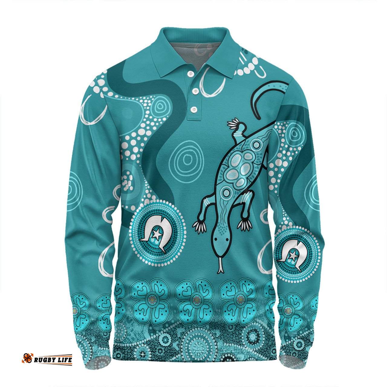 Amazing Aussie Australia Goanna Aboriginal Indigenous Dot Goanna (Teal Blue) Long Sleeve Polo Shirt