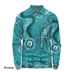 Amazing Aussie Australia Goanna Aboriginal Indigenous Dot Goanna (Teal Blue) Long Sleeve Polo Shirt
