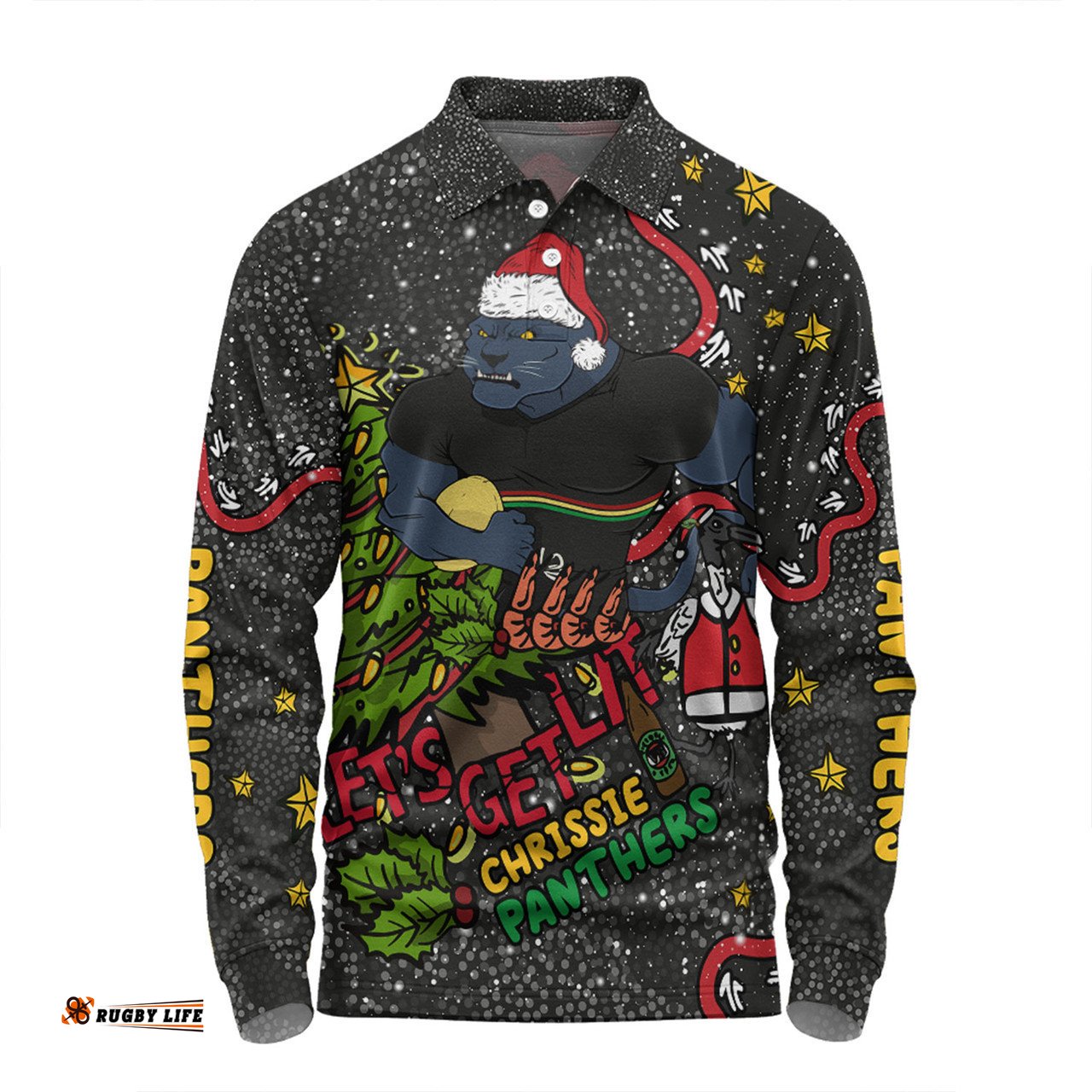 Penrith Panthers Christmas Custom Long Sleeve Polo Shirt - Let's Get Lit Chrisse Pressie Long Sleeve Polo Shirt