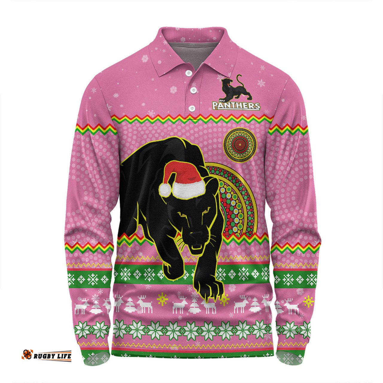 Penrith Panthers Christmas Custom Long Sleeve Polo Shirt - Ugly Xmas And Aboriginal Patterns For Die Hard Fan Long Sleeve Polo Shirt
