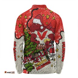 St. George Illawarra Dragons Christmas Custom Long Sleeve Polo Shirt - Let's Get Lit Chrisse Pressie Long Sleeve Polo Shirt