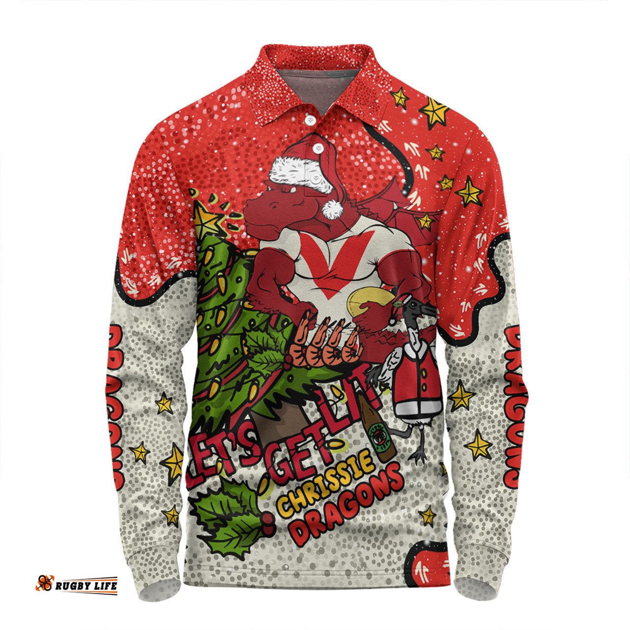 St. George Illawarra Dragons Christmas Custom Long Sleeve Polo Shirt - Let's Get Lit Chrisse Pressie Long Sleeve Polo Shirt