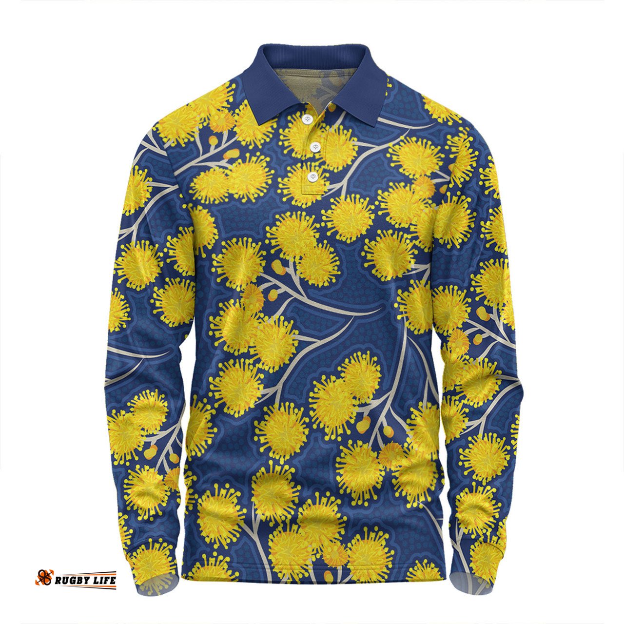 Amazing Aussie Australia Flowers Aboriginal Yellow Wattle Flowers With Aboriginal Dot Art Long Sleeve Polo Shirt