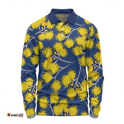 Amazing Aussie Australia Flowers Aboriginal Yellow Wattle Flowers With Aboriginal Dot Art Long Sleeve Polo Shirt