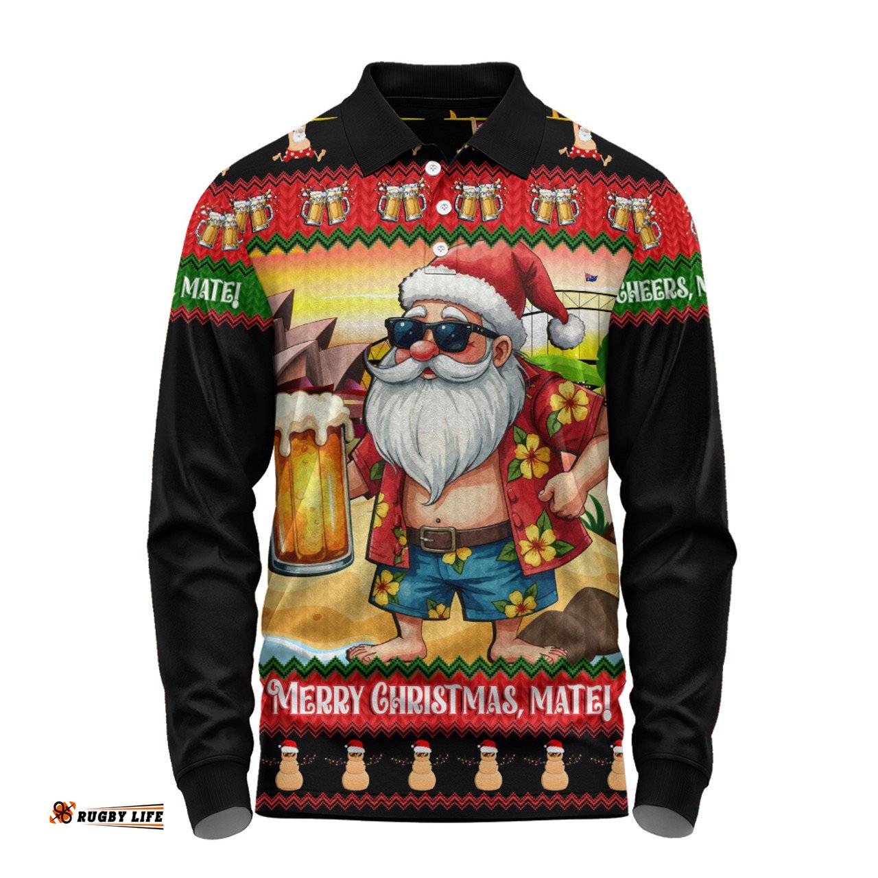 Amazing Aussie Australia Christmas Santa Beer Cheers Style Long Sleeve Polo Shirt