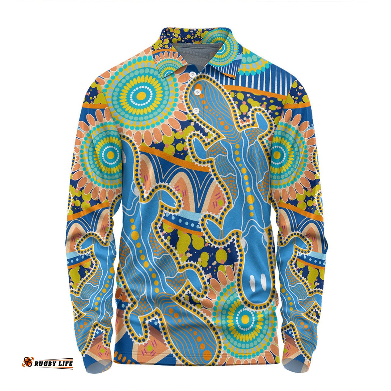 Australia Platypus Aboriginal Long Sleeve Polo Shirt - Blue Platypus With Aboriginal Art Dot Painting Patterns Inspired Long Sleeve Polo Shirt