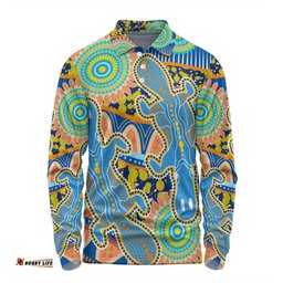 Australia Platypus Aboriginal Long Sleeve Polo Shirt - Blue Platypus With Aboriginal Art Dot Painting Patterns Inspired Long Sleeve Polo Shirt