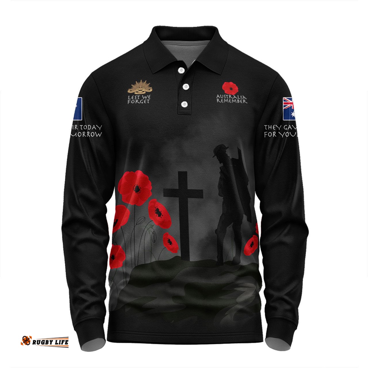 Amazing Aussie Australia Anzac Day Australia Remember Black Long Sleeve Polo Shirt
