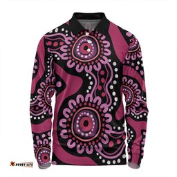 Amazing Aussie Australia Dot Painting Inspired Aboriginal Pink Flowers Aboriginal Dot Art Long Sleeve Polo Shirt