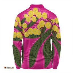 Australia Flowers Aboriginal Long Sleeve Polo Shirt - Australian Yellow Wattle Flowers Painting In Aboriginal Dot Art Style Long Sleeve Polo Shirt