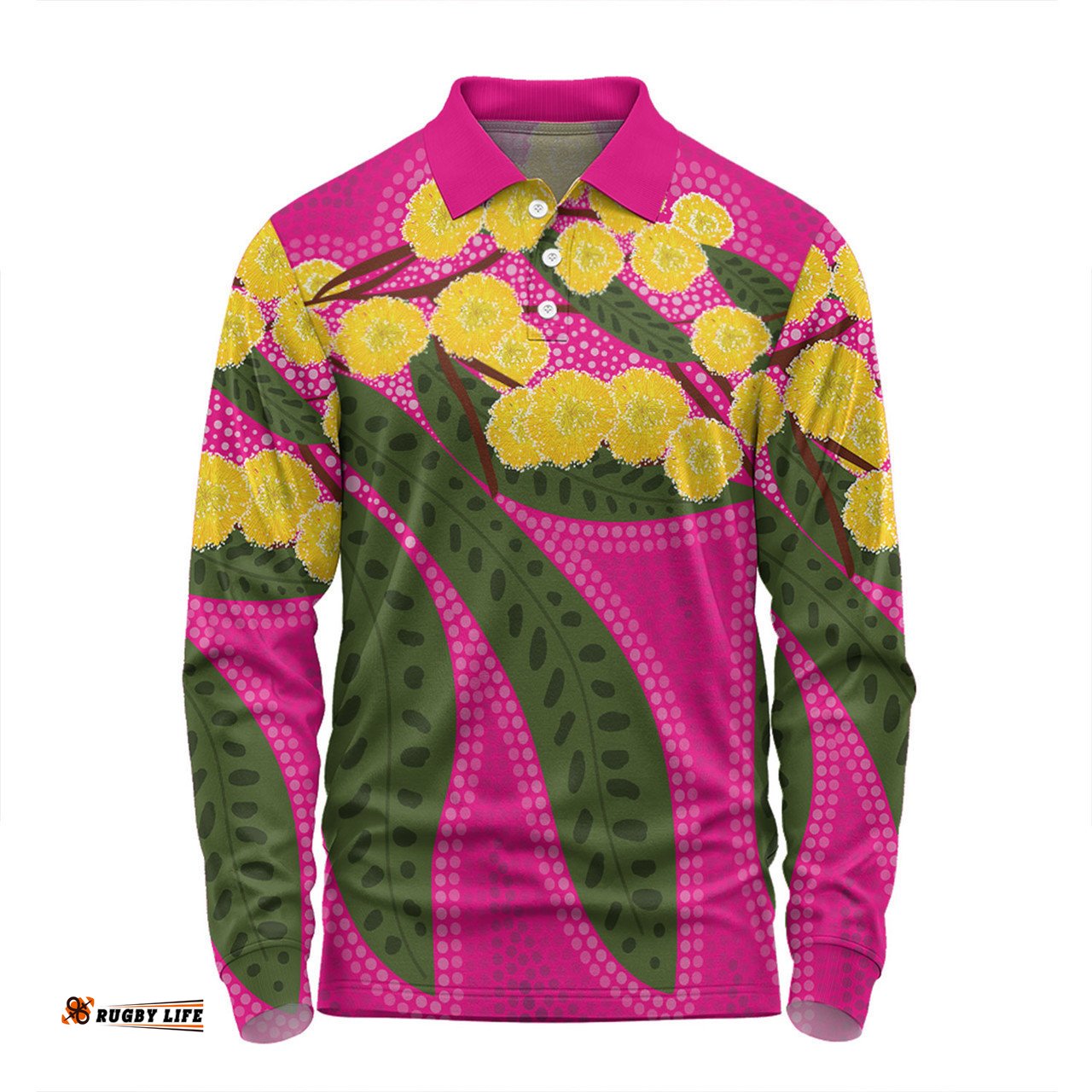 Australia Flowers Aboriginal Long Sleeve Polo Shirt - Australian Yellow Wattle Flowers Painting In Aboriginal Dot Art Style Long Sleeve Polo Shirt