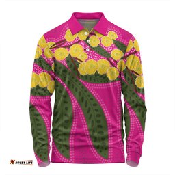 Australia Flowers Aboriginal Long Sleeve Polo Shirt - Australian Yellow Wattle Flowers Painting In Aboriginal Dot Art Style Long Sleeve Polo Shirt