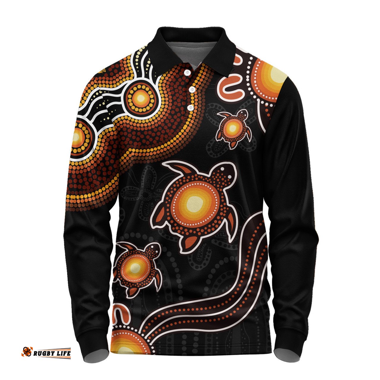 Amazing Aussie Australia Aboriginal Turtle Dreaming Journey Featuring Dot Art Orange Long Sleeve Polo Shirt