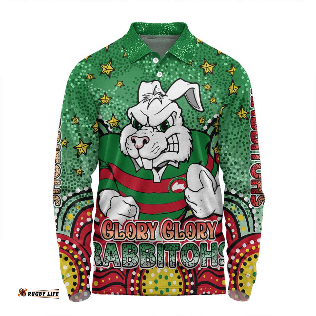 South Sydney Rabbitohs Long Sleeve Polo Shirt - Custom With Aboriginal Inspired Style Of Dot Painting Patterns  Long Sleeve Polo Shirt