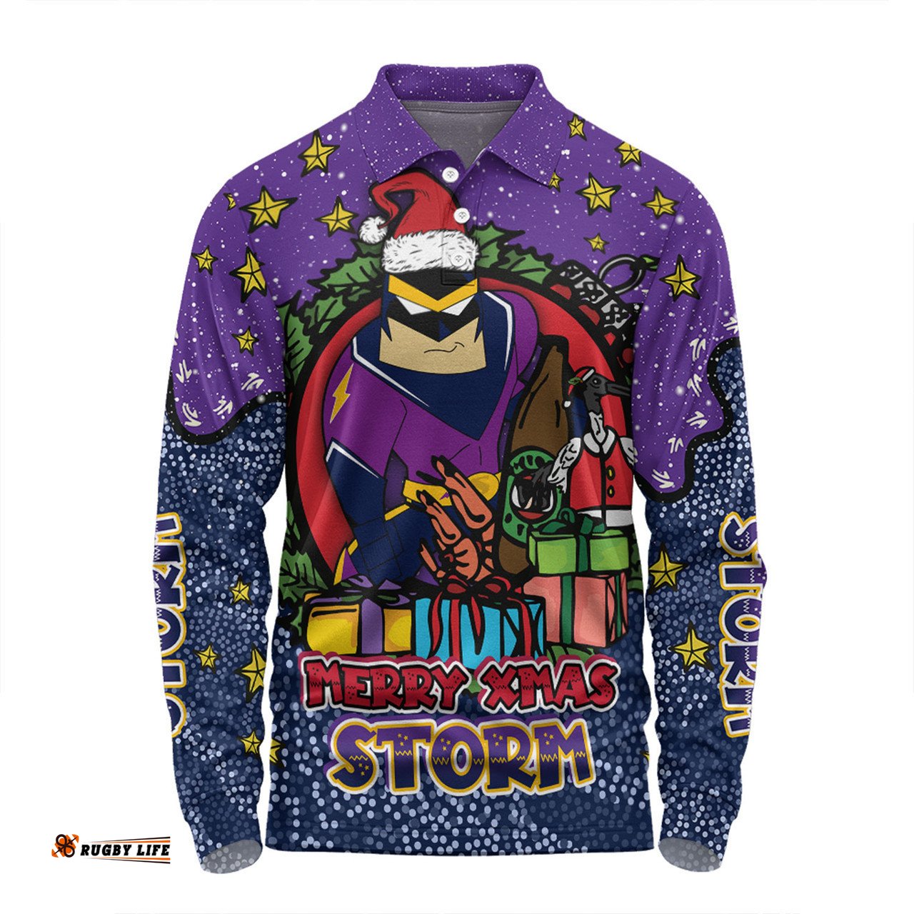 Melbourne Storm Christmas Custom Long Sleeve Polo Shirt - Merry Christmas Our Beloved Team With Aboriginal Dot Art Pattern Long Sleeve Polo Shirt