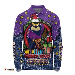 Melbourne Storm Christmas Custom Long Sleeve Polo Shirt - Merry Christmas Our Beloved Team With Aboriginal Dot Art Pattern Long Sleeve Polo Shirt