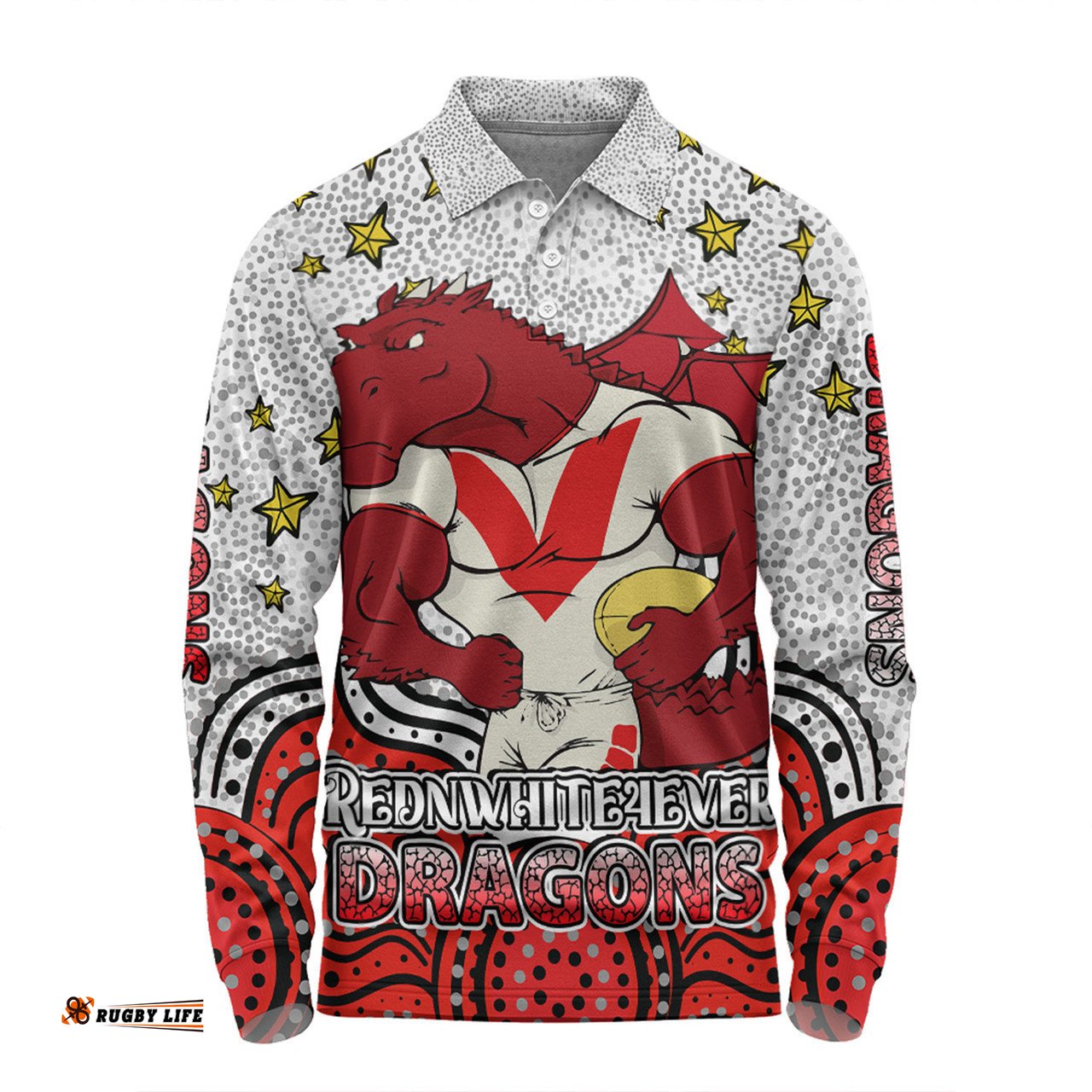 St. George Illawarra Dragons Custom Long Sleeve Polo Shirt - Custom With Aboriginal Inspired Style Of Dot Painting Patterns  Long Sleeve Polo Shirt