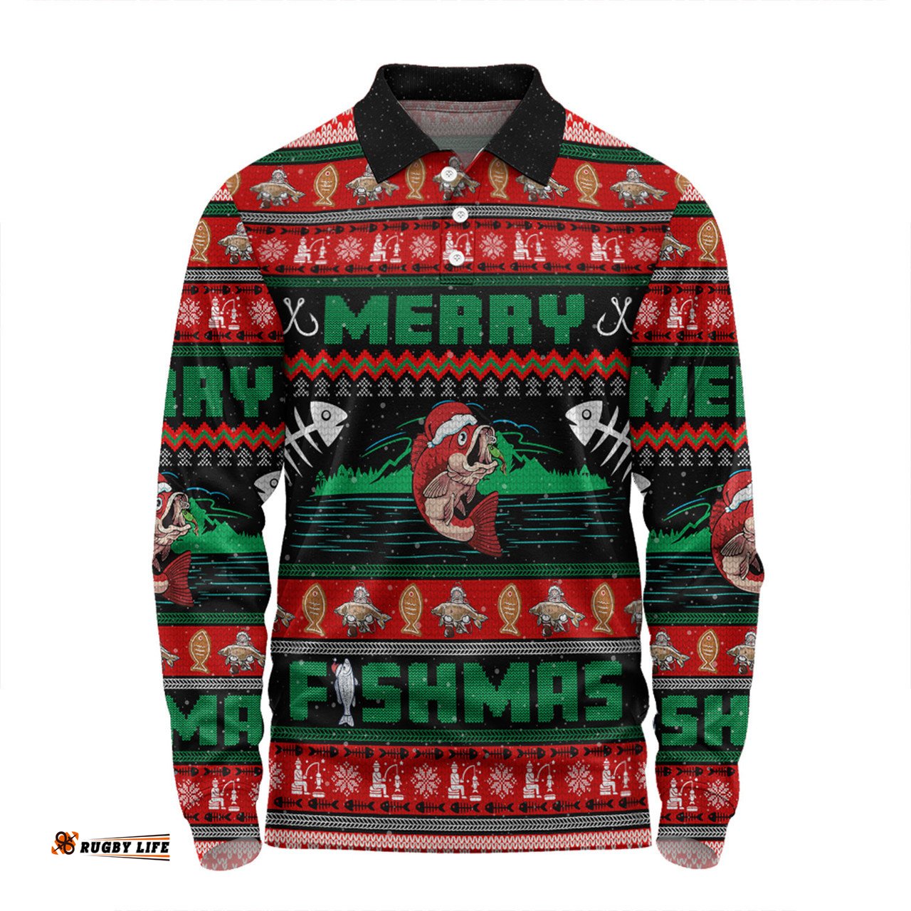 Amazing Aussie Australia Christmas Fishing Custom Merry Ugly Fishmas Long Sleeve Polo Shirt