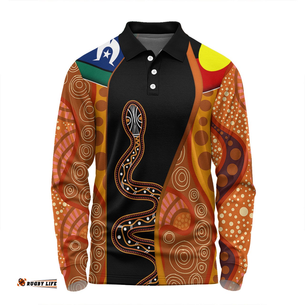 Amazing Aussie Australia Aboriginal Custom Indigenous Rainbow Serpent Inspired Long Sleeve Polo Shirt