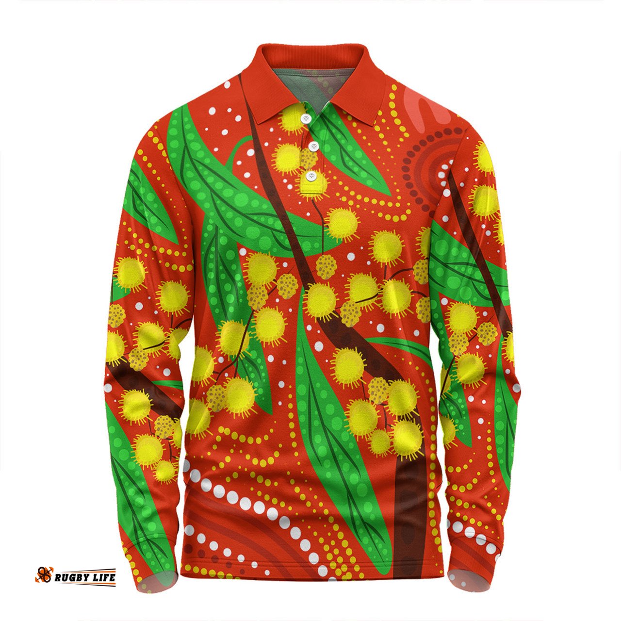 Amazing Aussie Australia Aboriginal Aboriginal Dot Art Of Australian Yellow Wattle Painting Long Sleeve Polo Shirt