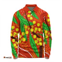 Amazing Aussie Australia Aboriginal Aboriginal Dot Art Of Australian Yellow Wattle Painting Long Sleeve Polo Shirt