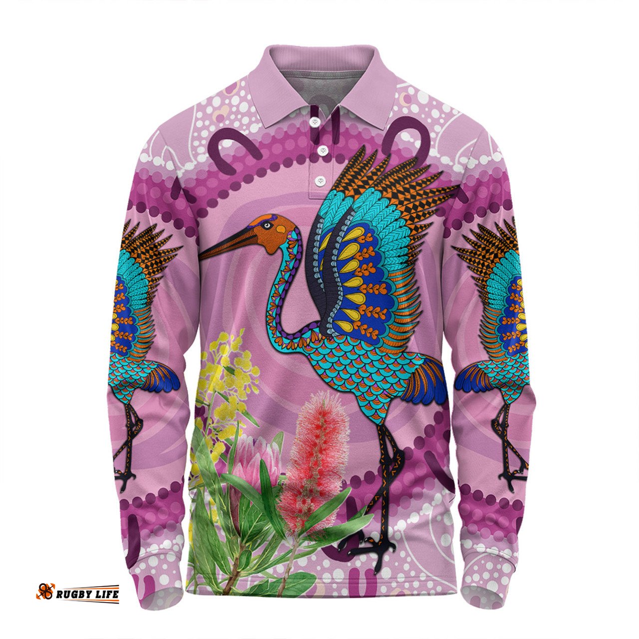 Amazing Aussie Australia Aboriginal Brolga Bird Dancing With Australia Native Flowers Long Sleeve Polo Shirt