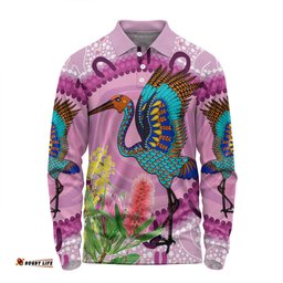 Amazing Aussie Australia Aboriginal Brolga Bird Dancing With Australia Native Flowers Long Sleeve Polo Shirt