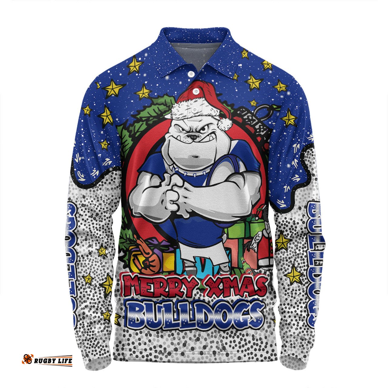 Amazing Aussie Canterbury Bankstown Bulldogs Christmas Custom Merry Christmas Our Beloved Team With Aboriginal Dot Art Pattern Long Sleeve Polo Shirt