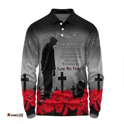 Amazing Aussie Australia Anzac Day Custom Remembrance Day Soldier In A Red Poppies Field Long Sleeve Polo Shirt