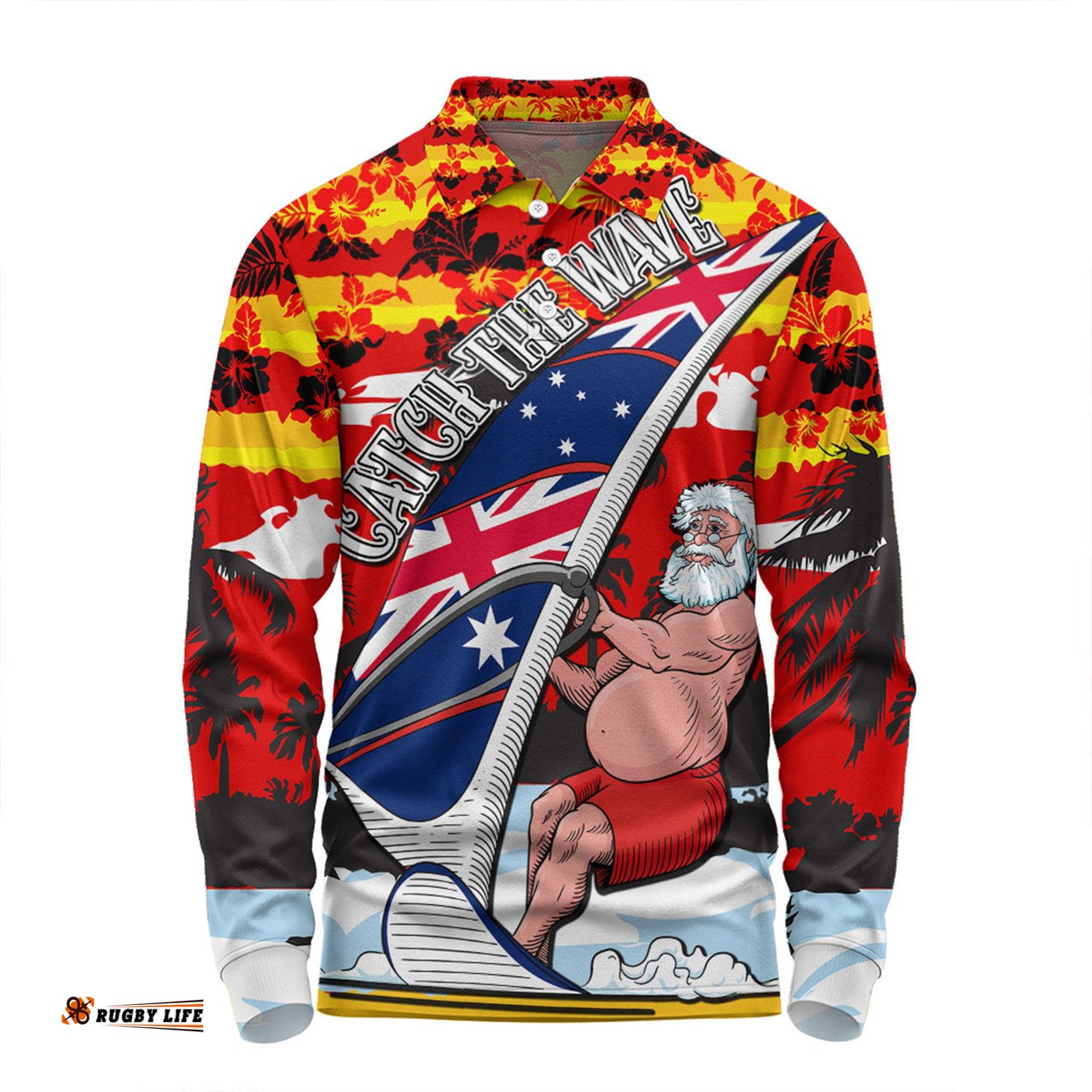 Amazing Aussie Australia Surfing Christmas Tropical Santa Catch The Wave Long Sleeve Polo Shirt