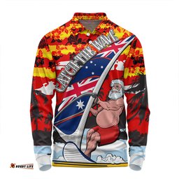 Amazing Aussie Australia Surfing Christmas Tropical Santa Catch The Wave Long Sleeve Polo Shirt