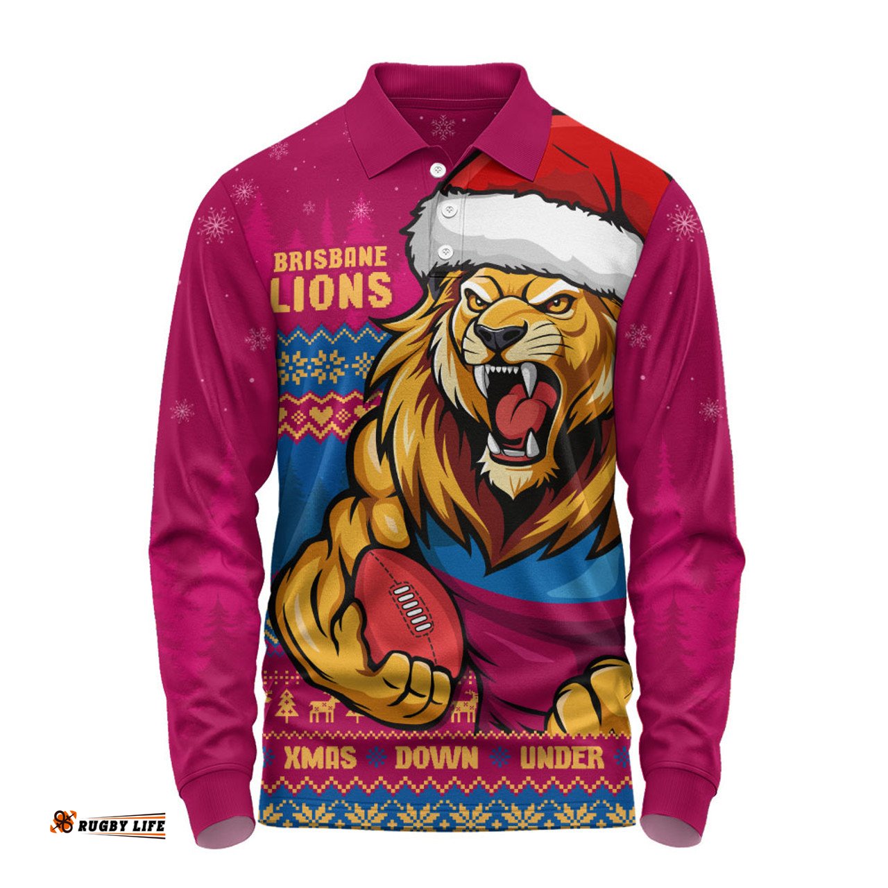 Amazing Aussie Brisbane Lions Merry Christmas Down Under Footy Power Style Long Sleeve Polo Shirt