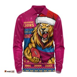 Amazing Aussie Brisbane Lions Merry Christmas Down Under Footy Power Style Long Sleeve Polo Shirt