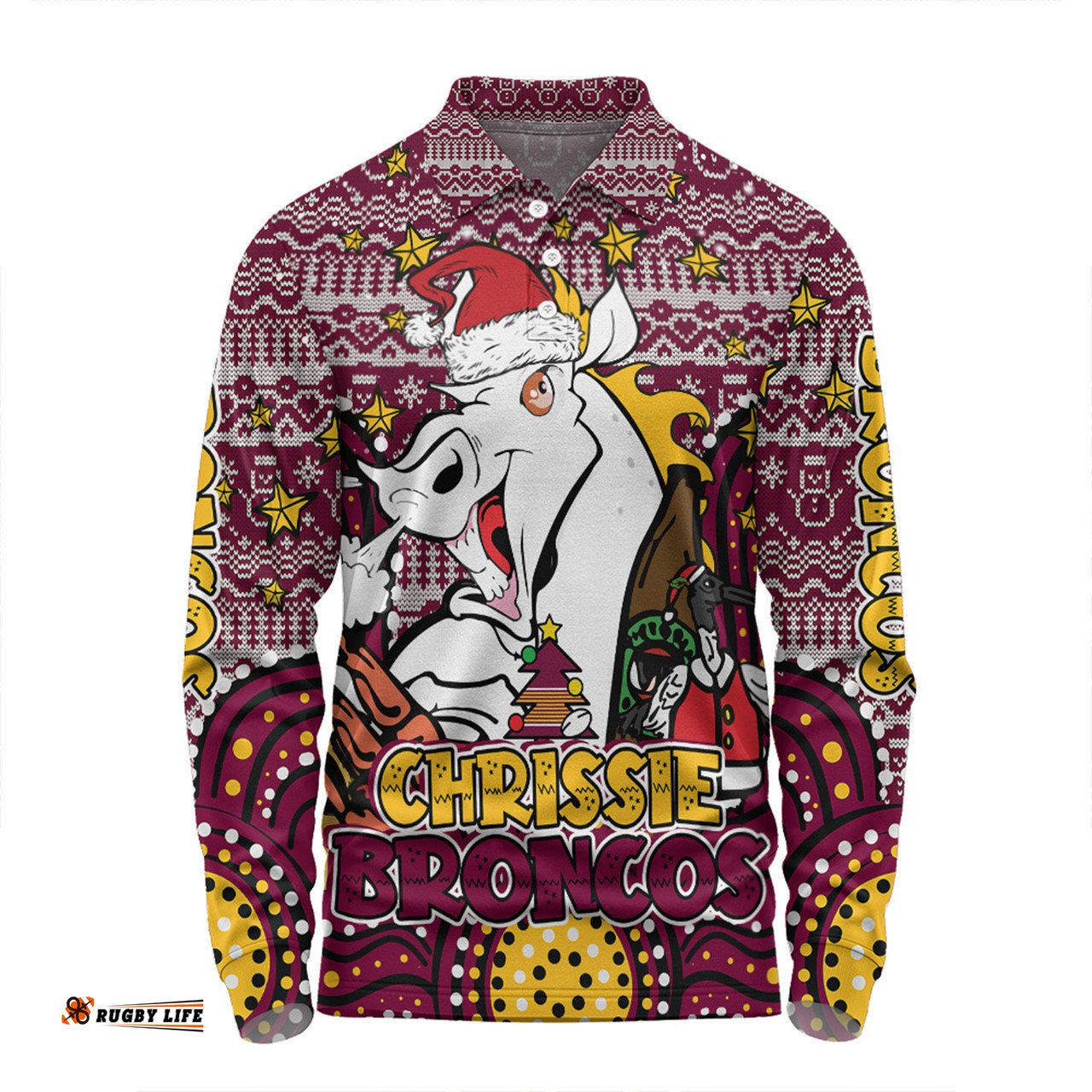Amazing Aussie Brisbane Broncos Christmas Custom Christmas Knit Patterns Vintage Jersey Ugly Long Sleeve Polo Shirt